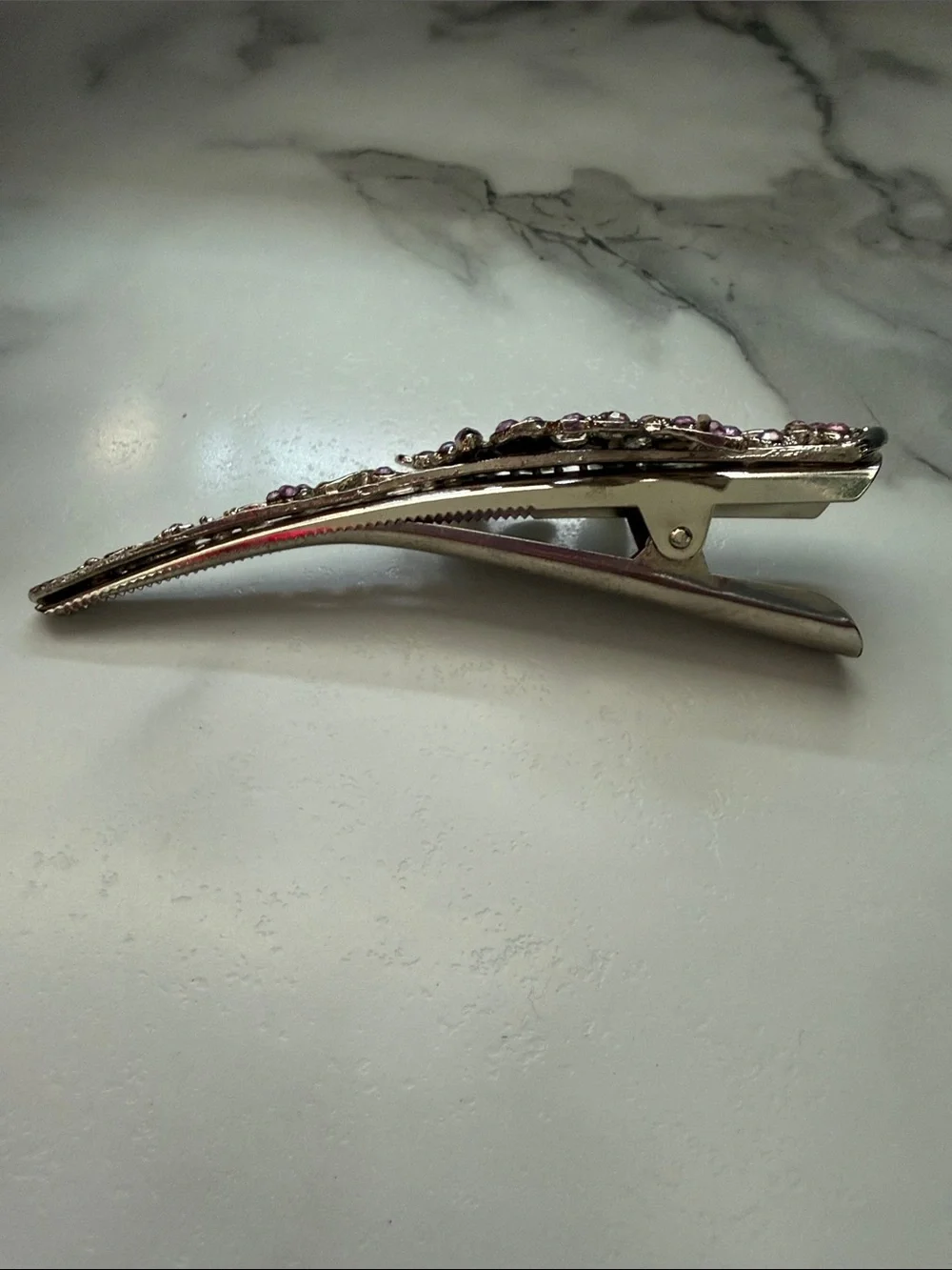 Decorative Silver-Tone Hair Clip with Purple Crystal Flowers